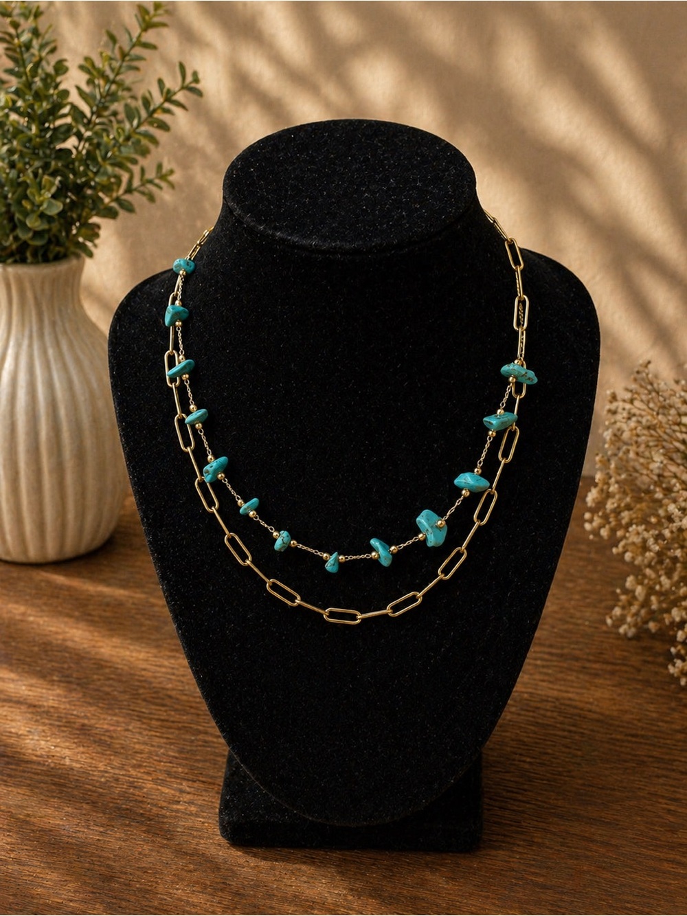 Boutique Layered faux Turquoise Stone and Gold tone Necklace - Women's Jewelry